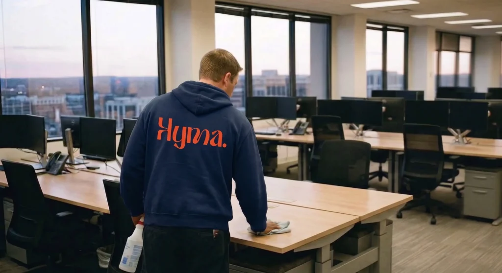 Agent d'entretien HYMA nettoyant un bureau dans des locaux professionnels