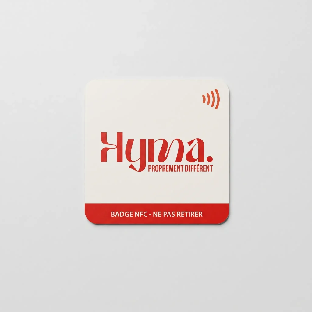 Badge NFC HYMA fixé au mur, à scanner à chaque passage