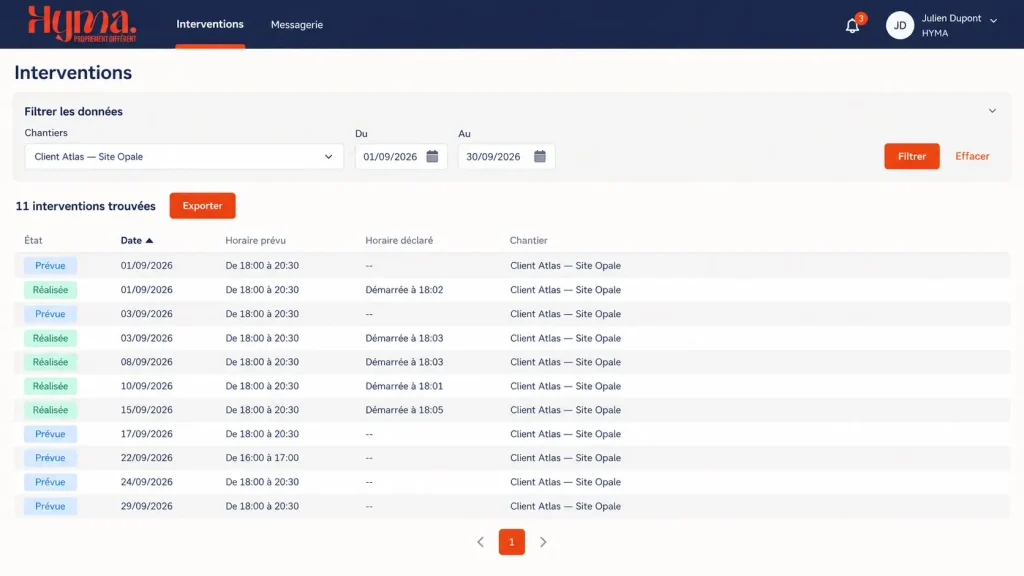 Espace client HYMA : liste des interventions avec leurs dates, statuts et sites