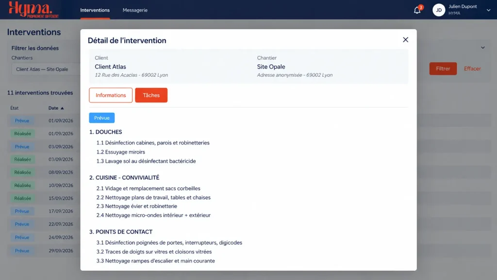 Détail d'une intervention HYMA avec la liste des tâches standardisées par zone